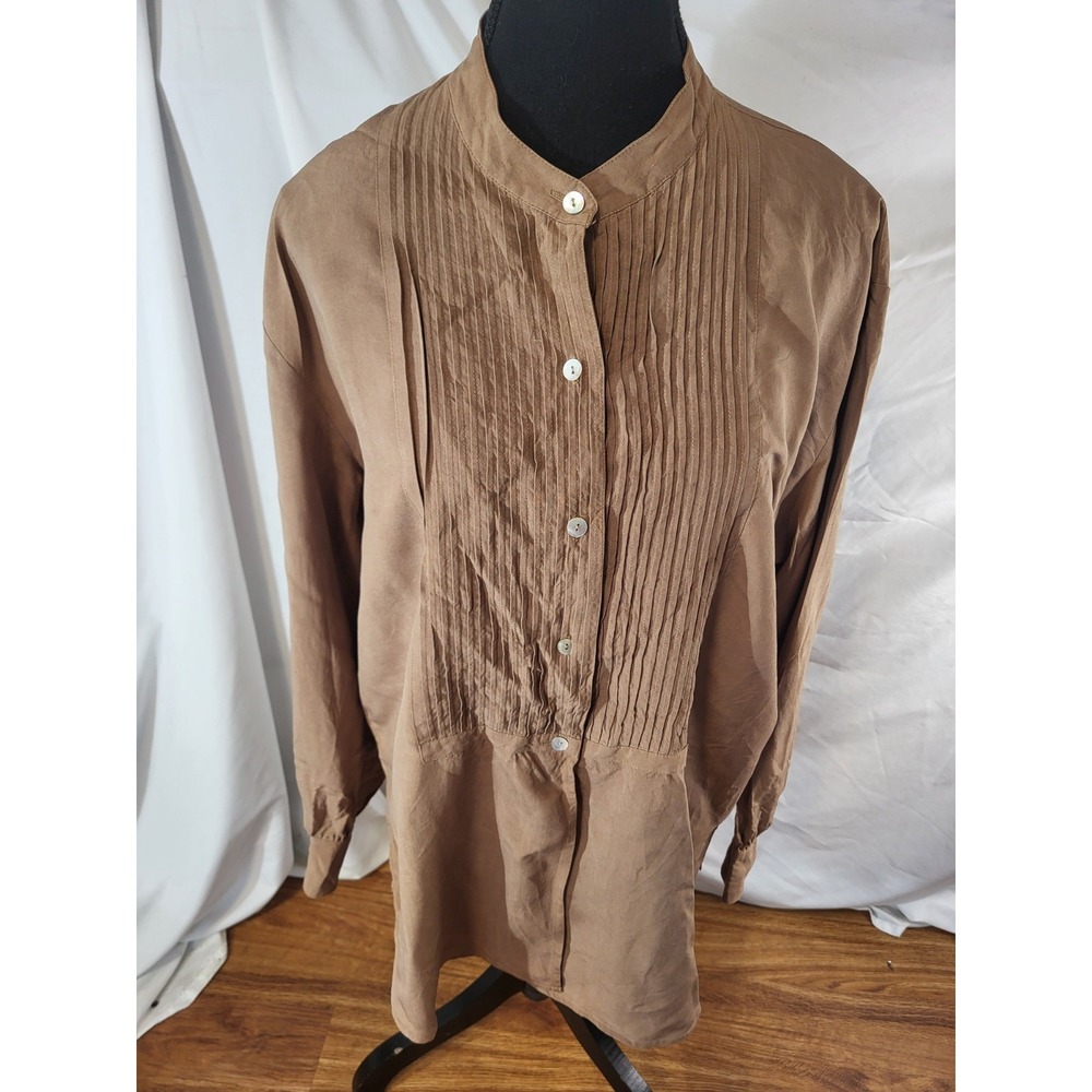 Vtge Tess 100% Silk Brown Pintuck  Blouse Size M